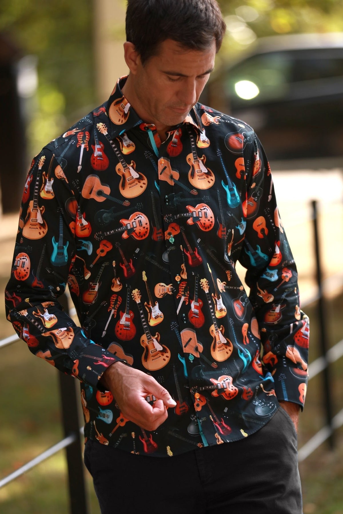Music print shirts for men: the Claudio Lugli Guitar Print Shirt in satin cotton