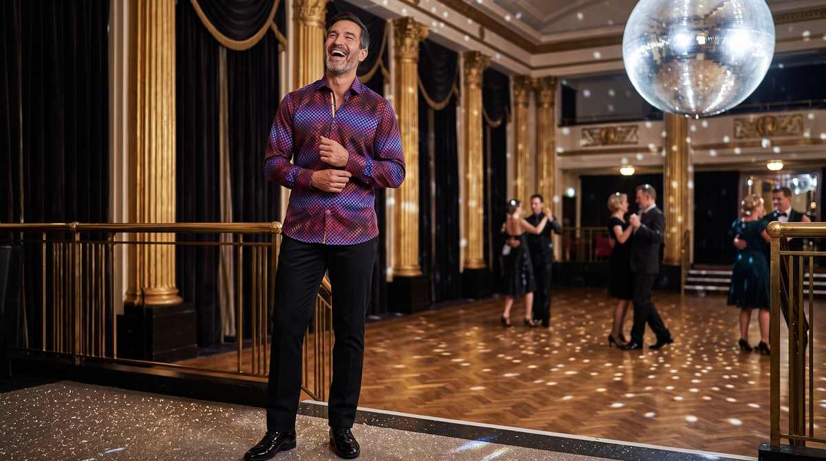 Party shirts for men without sequins: a man laughing in the Claudio Lugli Neon Disco print shirt beside a ballroom dance floor under a mirrorball