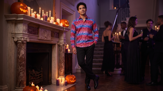 Halloween outfits for men without a costume: a guest in the Claudio Lugli Skull Flocking gradient print shirt leaning on a candlelit fireplace at a Halloween party