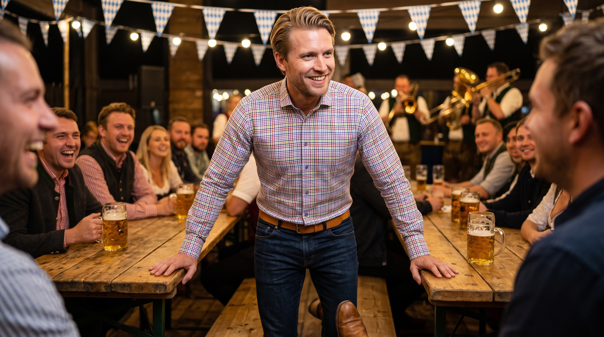 What to wear to Oktoberfest UK men: a guest in the Claudio Lugli gingham check shirt with pink insert leaning on a bierkeller table under festoon lights