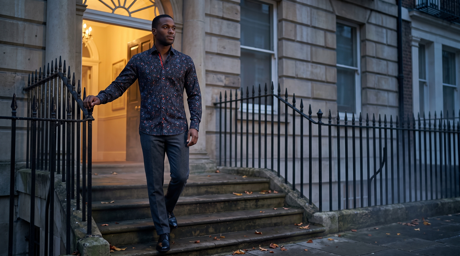 What to wear when the nights draw in - man in a Midnight Bloom dark floral shirt descending the steps of a Georgian London townhouse at blue hour, autumn 2026