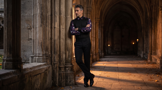 Gothic shirts for men - man in a black skulls and roses tuxedo shirt with bow tie leaning against a cathedral cloister column at dusk