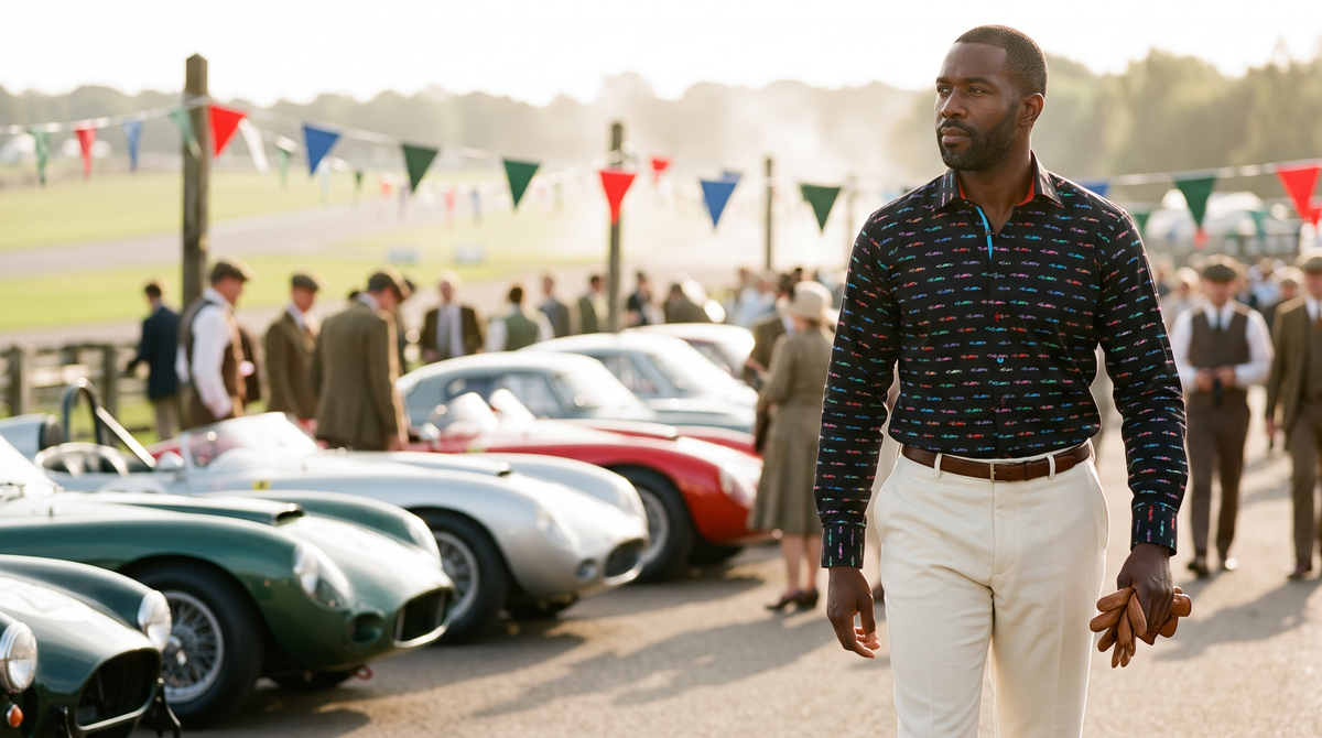 What to wear to Goodwood Revival 2026: a man in a bold vintage racing car print shirt walks through a period paddock of 1950s racing cars under bunting in golden September light