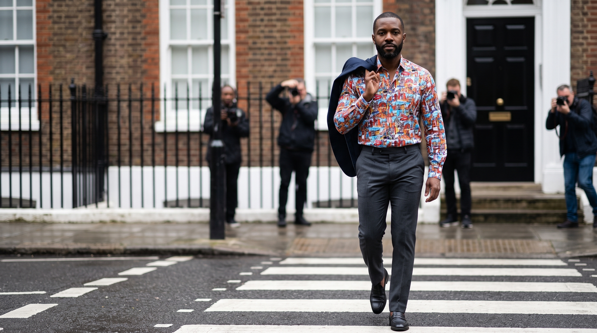 Loud shirts for men: the Claudio Lugli London Lifestyle Print Shirt worn buttoned to the collar with charcoal trousers, mid-stride on a Soho street during London Fashion Week