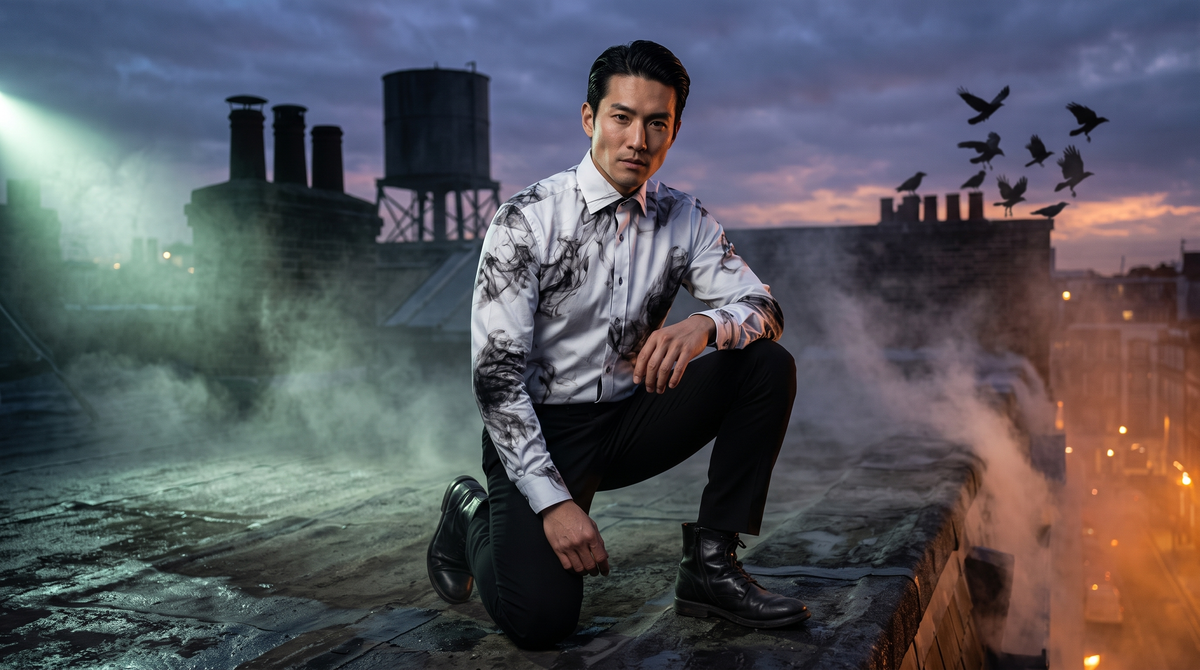 Smoke print shirt men: Japanese man early 30s crouched low looking up at the lens on a foggy London rooftop at dusk, crows and green key light, Claudio Lugli Smoke Print Shirt buttoned to the collar, black trousers and boots