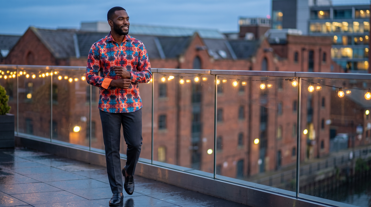 Pretty Green shirt alternatives: Claudio Lugli Wavy Ornaments paisley print shirt worn on a rooftop bar terrace at blue hour