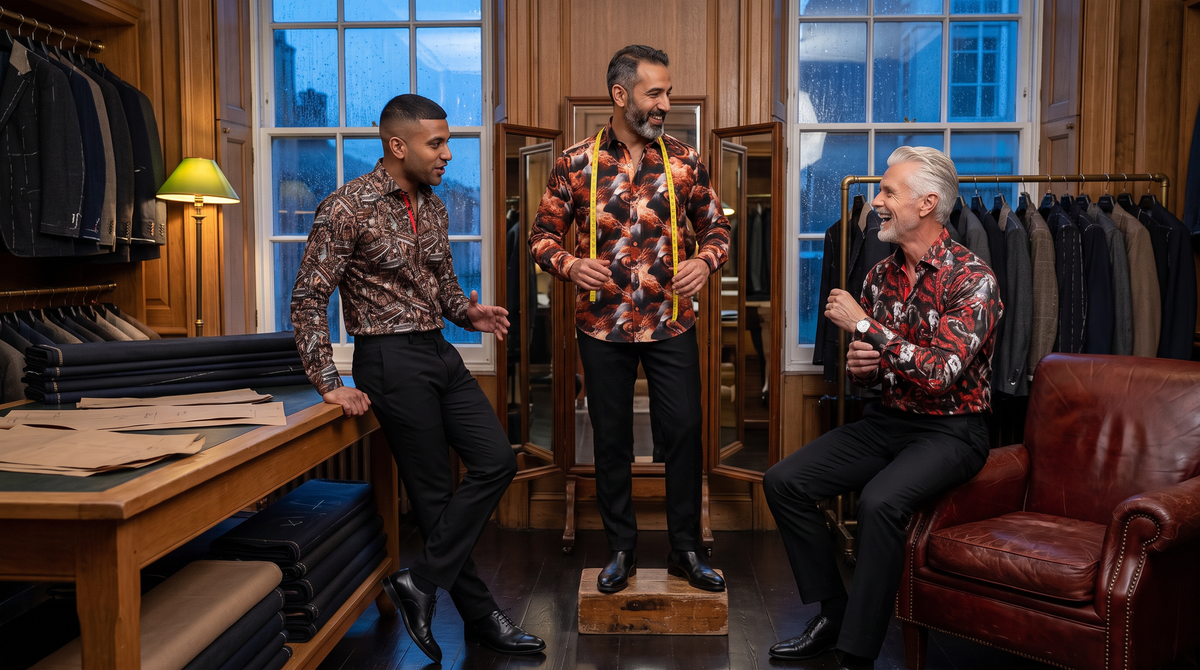 Autumn shirts men 2026: 3 men at a Mayfair tailor at dusk - Middle Eastern man on the fitting block in Battle of the Dragons, Nordic man checking his watch in Imperial Legion, South Asian man at the cutting table in Steampunk Instrument
