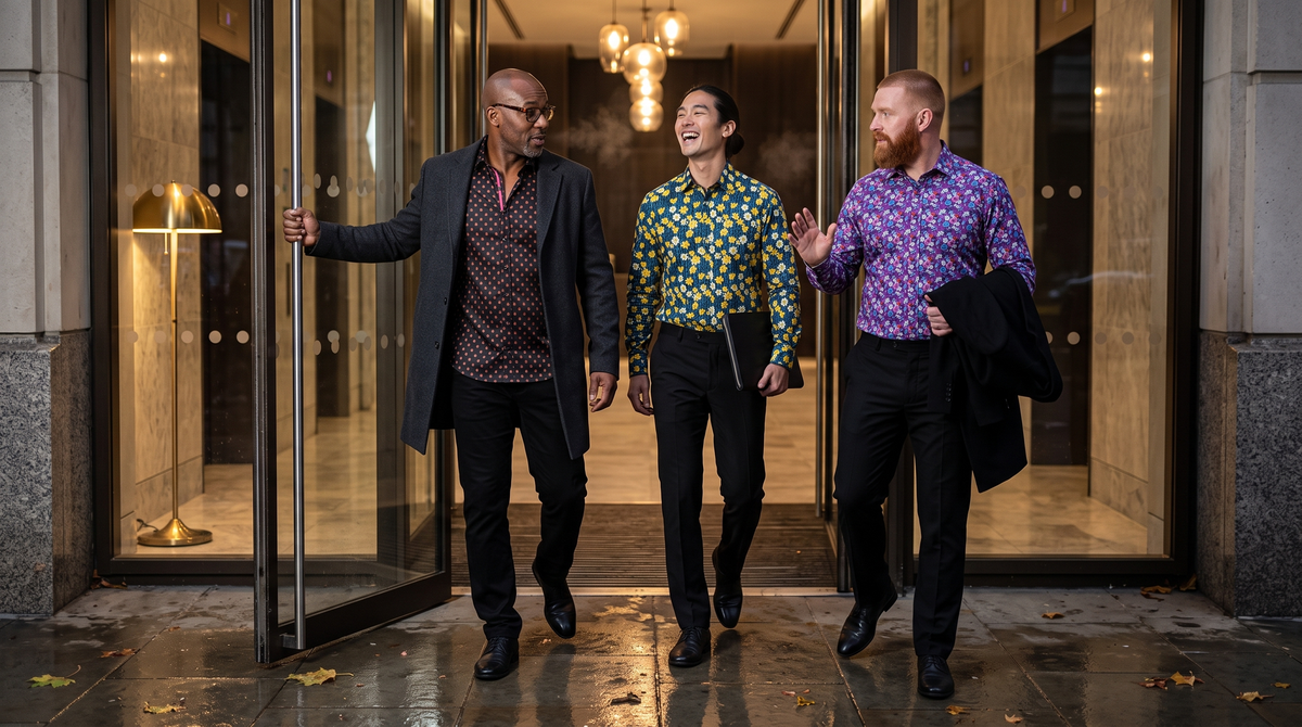 Halloween office party outfit men: colleagues leaving a City lobby at night - Ghanaian-British man 52 in Midnight Club Lantern, Korean-British man 34 in Daffodil Bloom Navy, Irish man 41 in Wildflower Bloom Purple