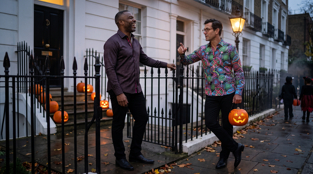 Dad Halloween outfit: two fathers talk over a garden gate at dusk - Nigerian-British 41 grey temples, beard (Midnight Club Mainframe) and Portuguese 47 round glasses (Neon Dartboard)