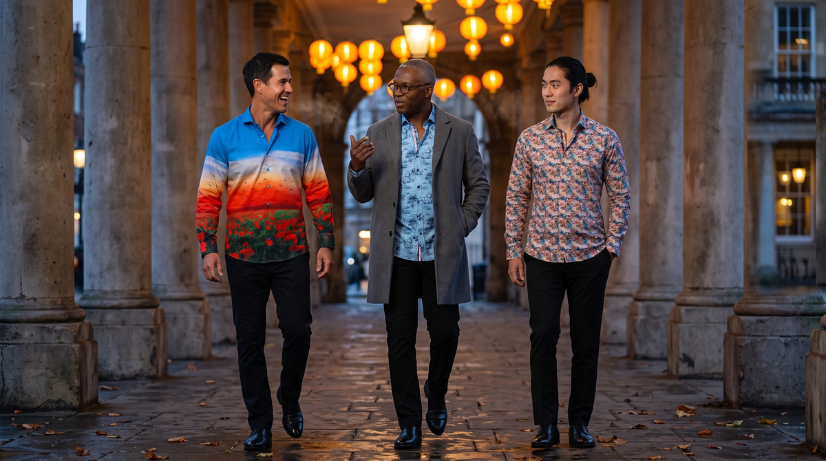 Day of the Dead party outfit for men: three friends in a Marylebone colonnade - Mexican-British 38 moustache in Poppy Field, Ghanaian-British 52 silver hair glasses in Tropical Toile, Korean 29 tied-back hair in Misty Meadow Bloom