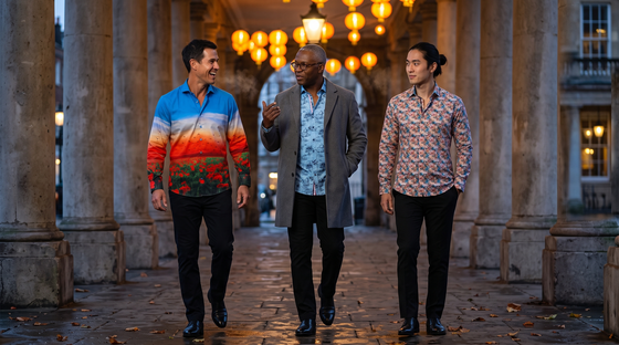 Day of the Dead party outfit for men: three friends in a Marylebone colonnade - Mexican-British 38 moustache in Poppy Field, Ghanaian-British 52 silver hair glasses in Tropical Toile, Korean 29 tied-back hair in Misty Meadow Bloom