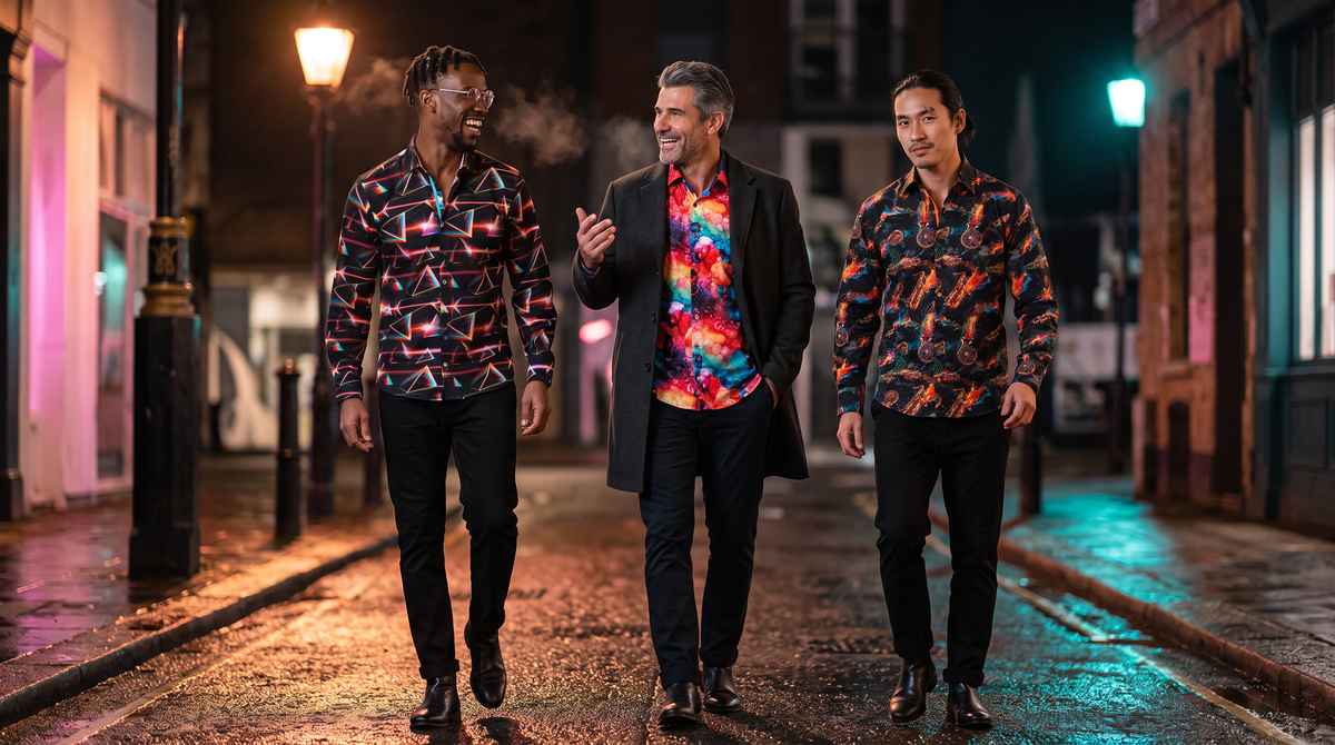 Halloween in London what to wear men: three friends crossing wet Soho at night - Nigerian-British 31 twists glasses in Prism Spectrum, Sicilian 47 grey hair in Oil Liquid Bubble, Vietnamese-British 36 topknot in Paint Splash