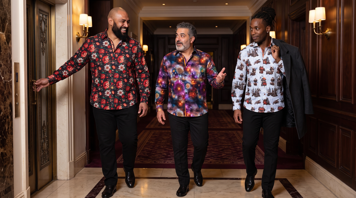 Big and tall Halloween shirts for men: three friends in a Mayfair hotel corridor - Samoan-British 44 shaved head beard in Garden Flowers, Lebanese-British 51 grey curls in Firework Night, Jamaican-British 36 locs in Steampunk City