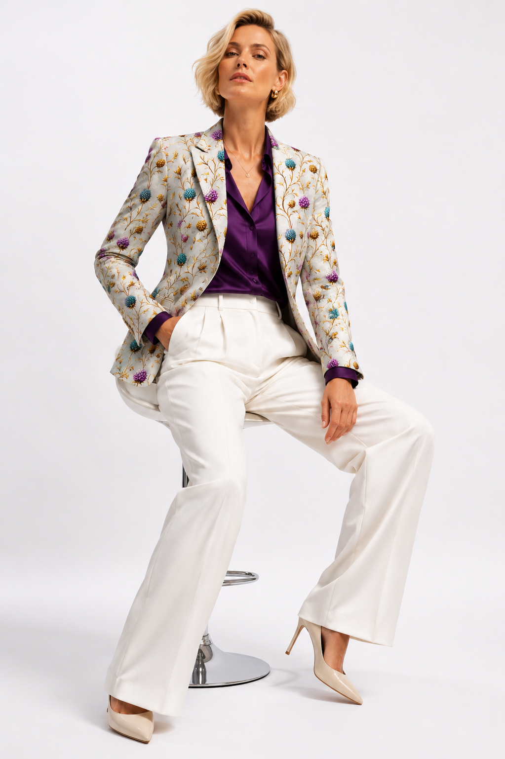 Highland Jewel Thistle Print Blazer with wide-leg ivory trousers – full-length styling
