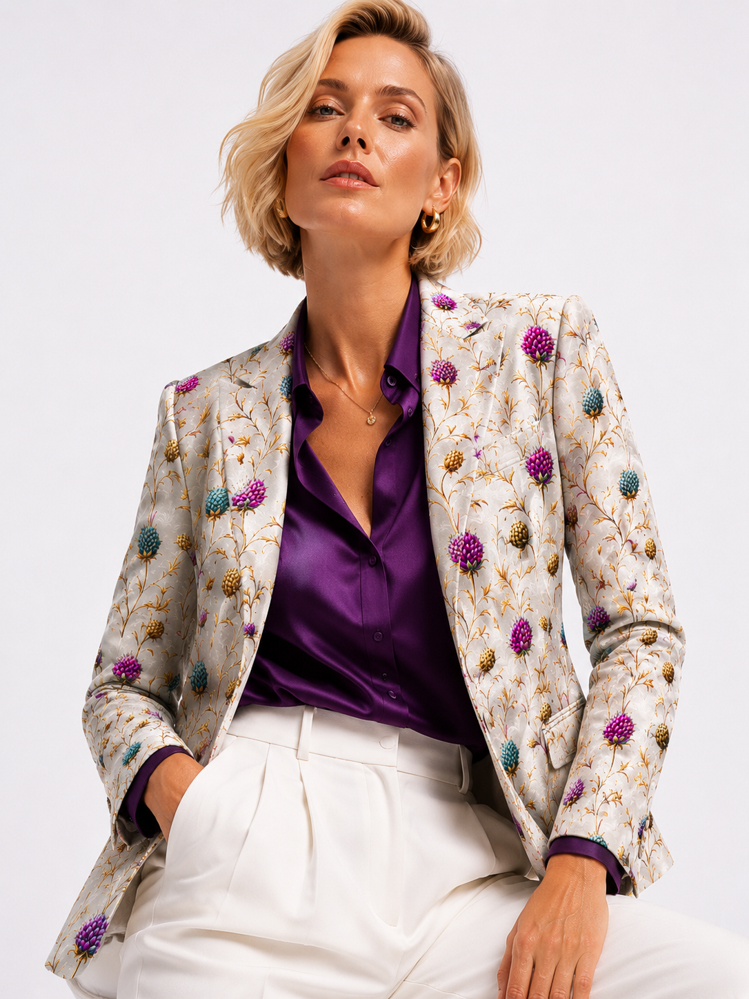 Highland Jewel Thistle Print Blazer styled with purple and ivory – seated portrait