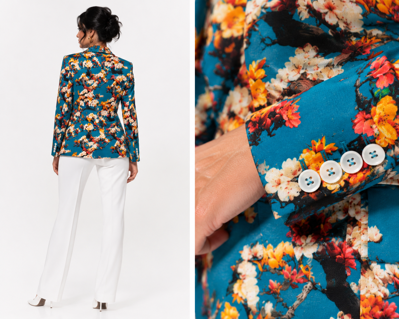 Women's Aqua Enchanted Garden blazer with ivory, coral and orange blossom