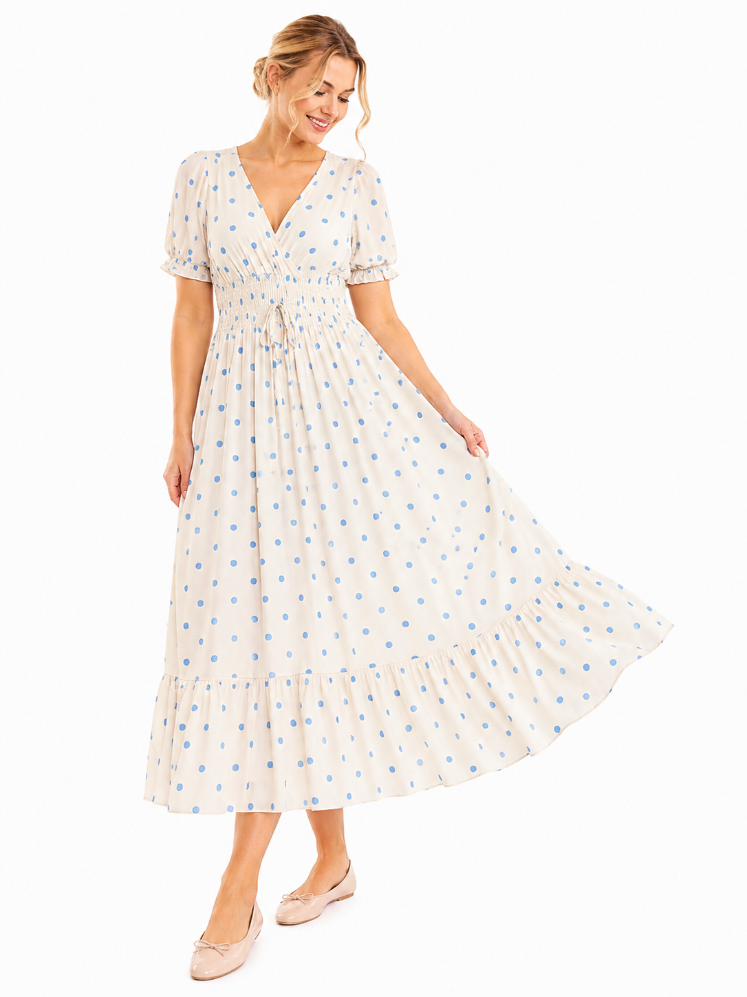 ITALIAN POLKA DOT SHIRRED MIDI DRESS
