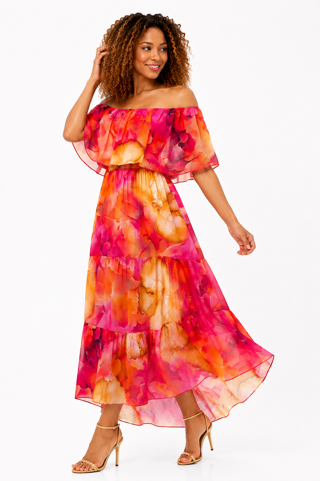 ITALIAN WATERCOLOUR FLORAL BARDOT TIERED MAXI DRESS