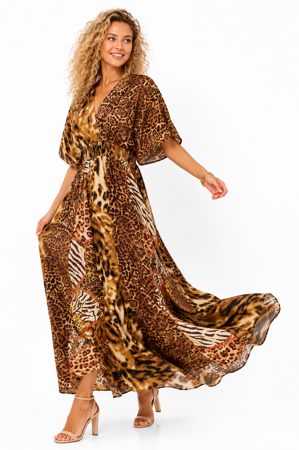 LEOPARD PATCHWORK V-WRAP MAXI DRESS