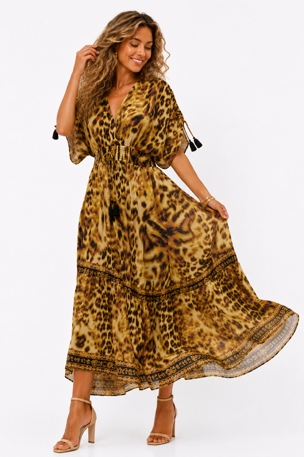 GOLDEN LEOPARD TASSEL SLEEVE TIERED MAXI DRESS