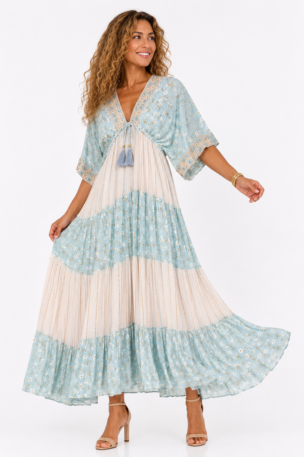 BOHO DITSY FLORAL KIMONO SLEEVE TIERED MAXI DRESS