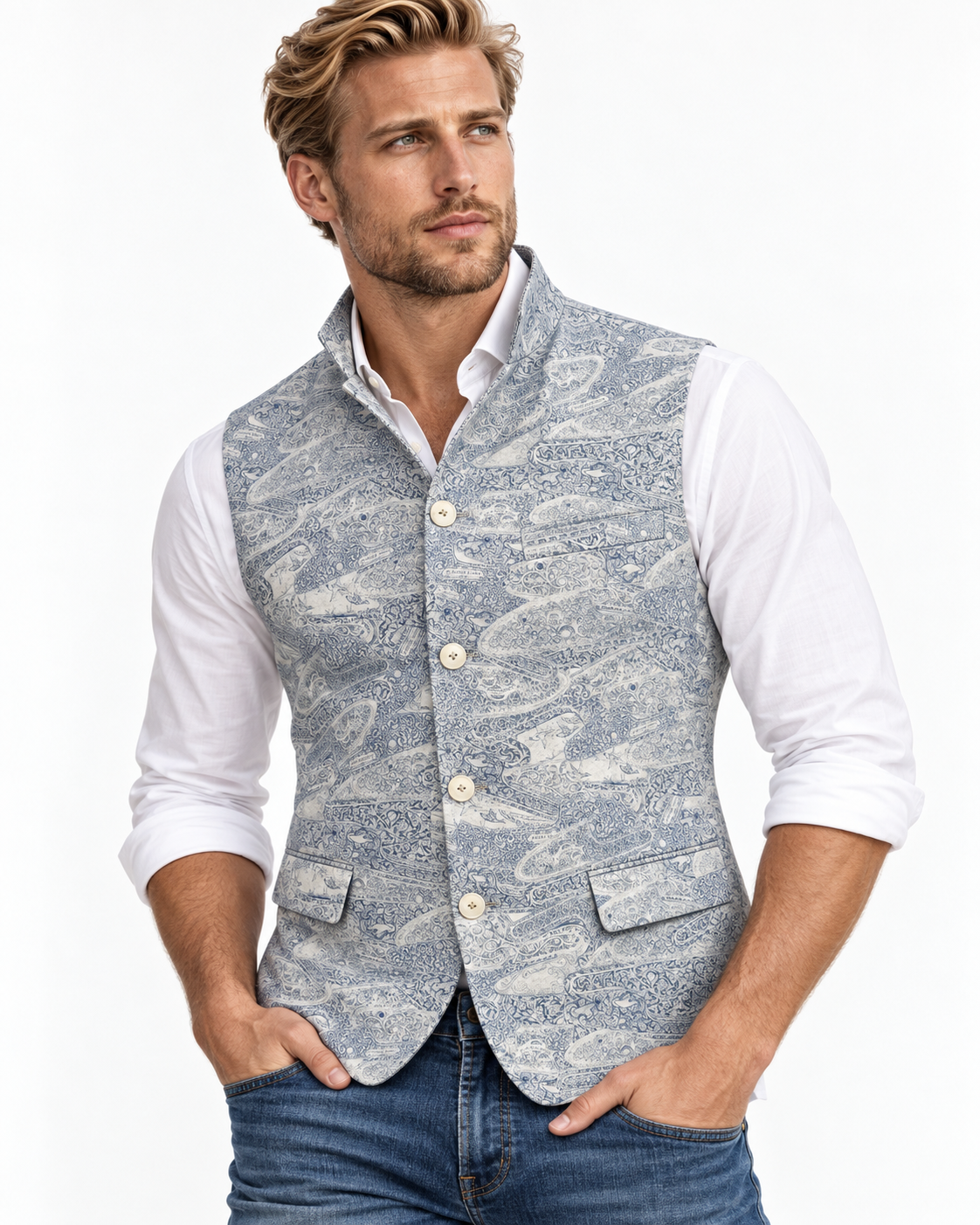 Claudio Lugli men's sleeveless jacket in a tonal grey field paisley print on a model, country gilet worn over a white shirt