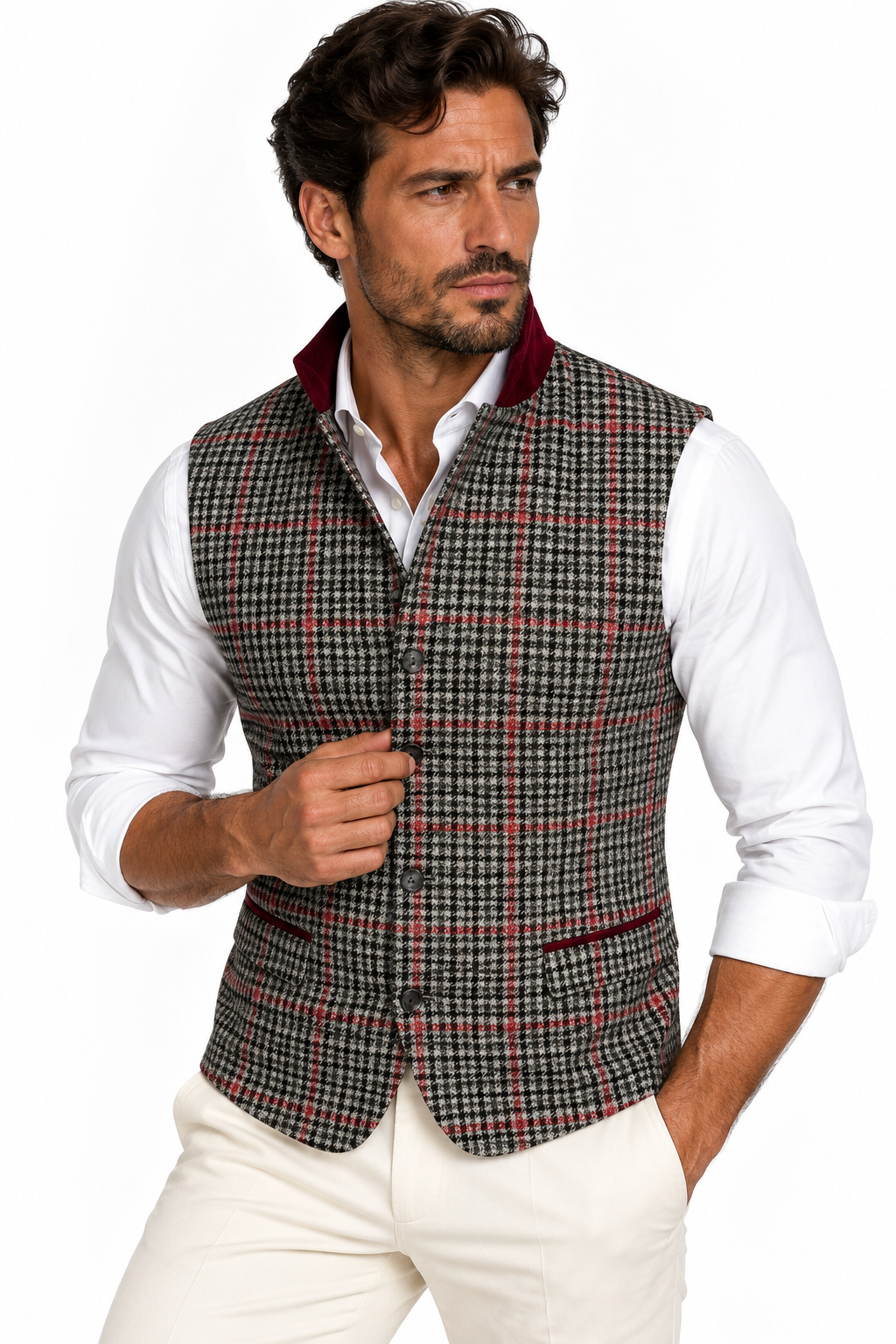 Claudio Lugli men's sleeveless jacket in a grey estate check with burgundy contrast collar on a model, country gilet with pheasant back