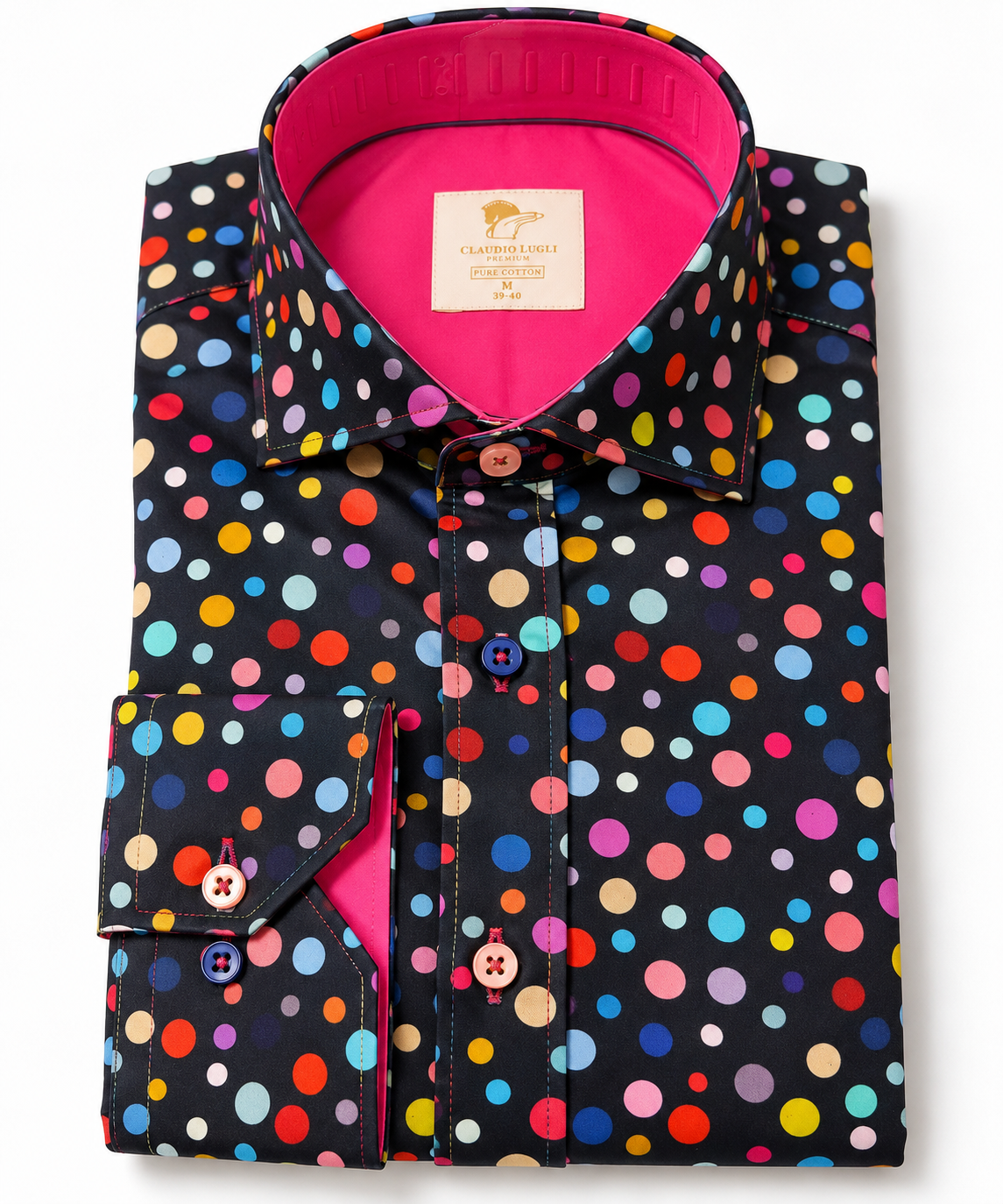 Folded Claudio Lugli shirt in multicolour confetti polka dots on black with a hot-pink inner collar