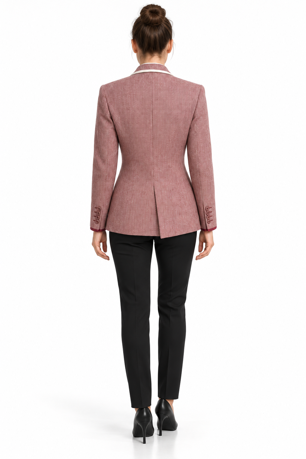Claudio Lugli Womens Tailored Jacket CLWJ2601 in dusty rose, rear view on a model showing the shaped waist and centre back seam