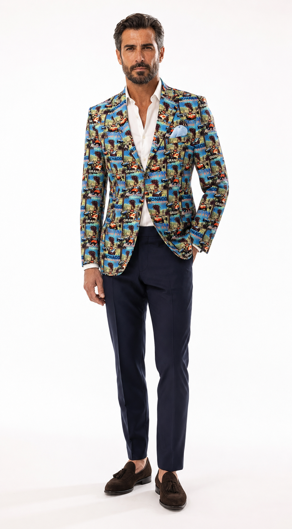 Full-length front view of the Monaco Grand Prix print blazer