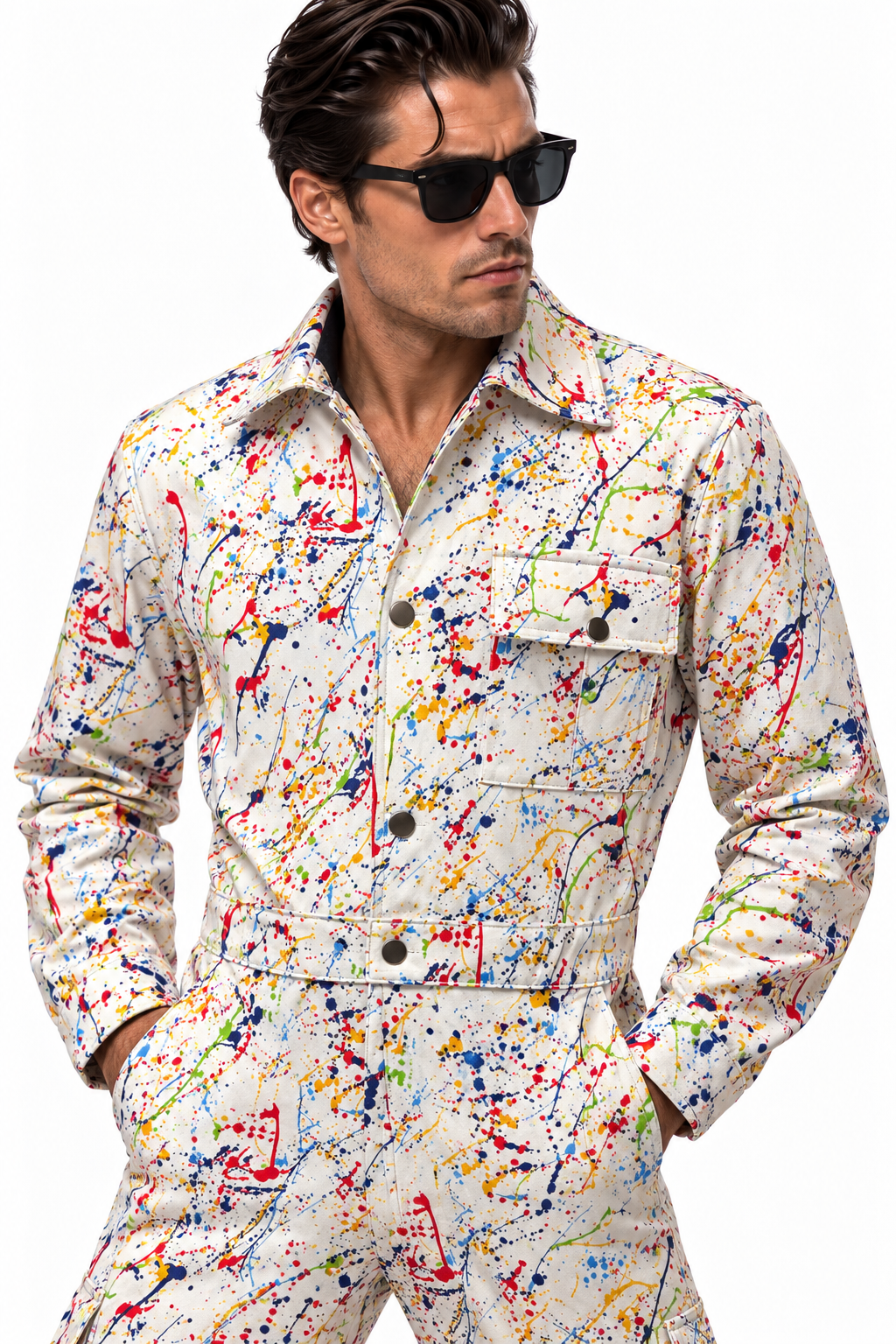 Claudio Lugli Paint Splattered Jumpsuit close-up on a model, showing red, blue and yellow splashes on cream, pointed collar, dark buttons and flap chest pockets
