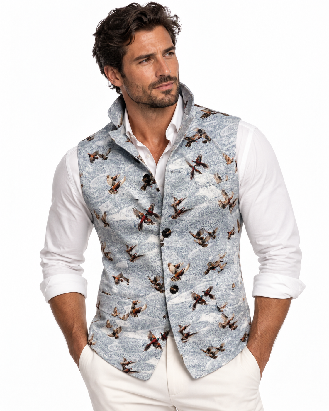 Claudio Lugli men's sleeveless jacket with flying pheasants over a grey paisley print on a model, country gilet worn over a shirt