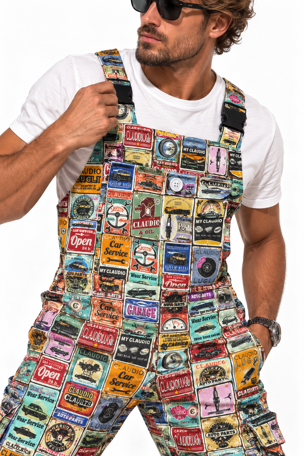 Claudio Lugli Retro Car Service Overalls close-up on a model, showing vintage garage signs, car-service motifs, bib pocket and shoulder strap buckles over a white T-shirt