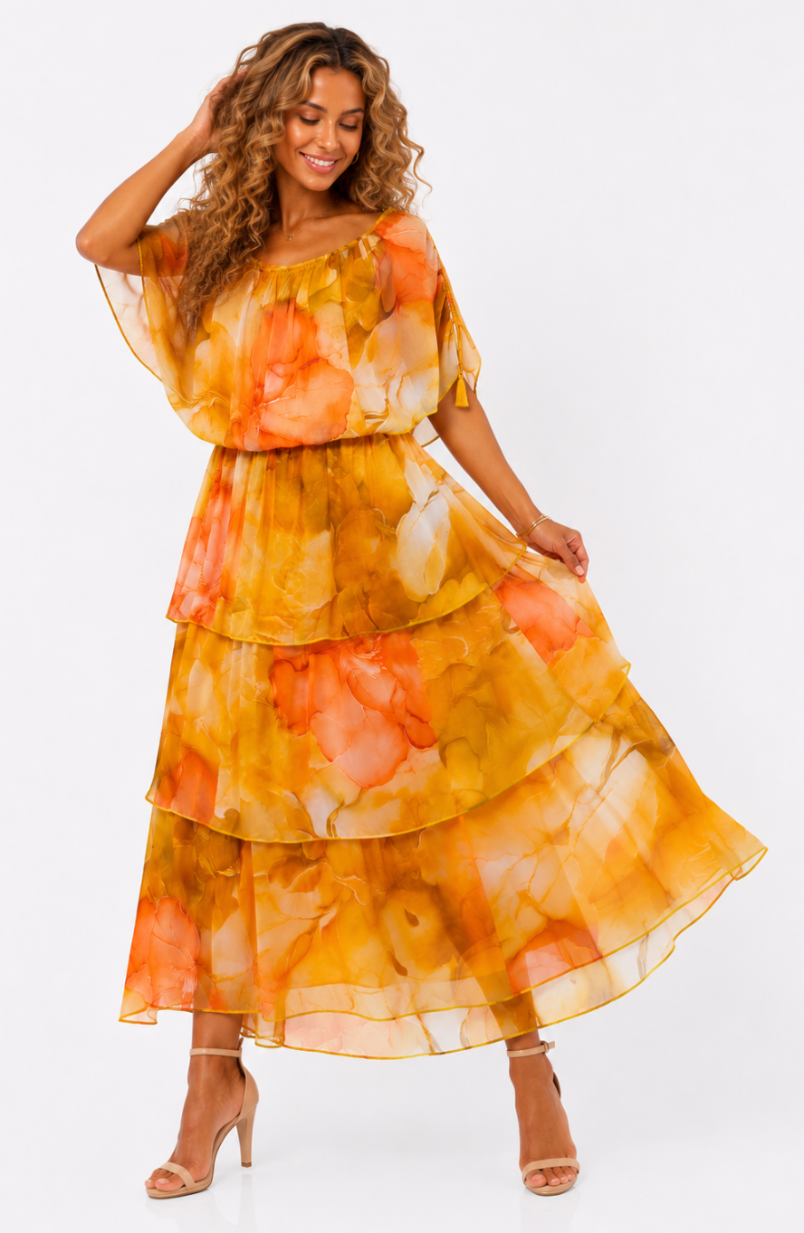 ITALIAN WATERCOLOUR FLORAL BARDOT TIERED MAXI DRESS