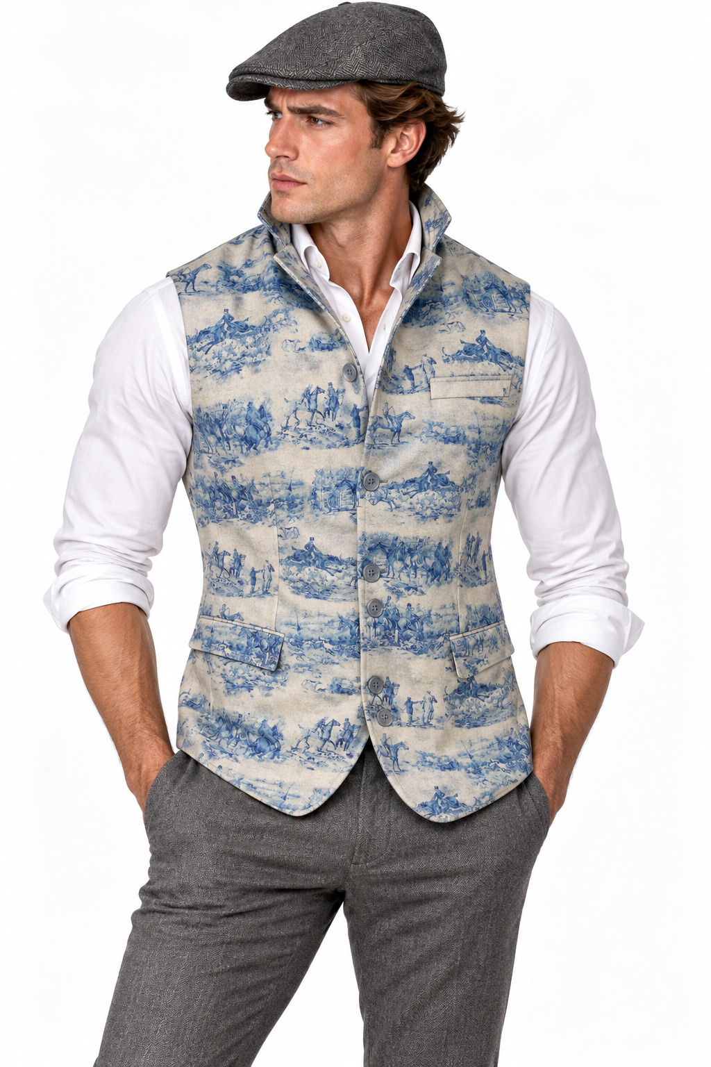 Claudio Lugli men's sleeveless jacket in a blue hunting-scene toile print on a model, country gilet worn over a white shirt
