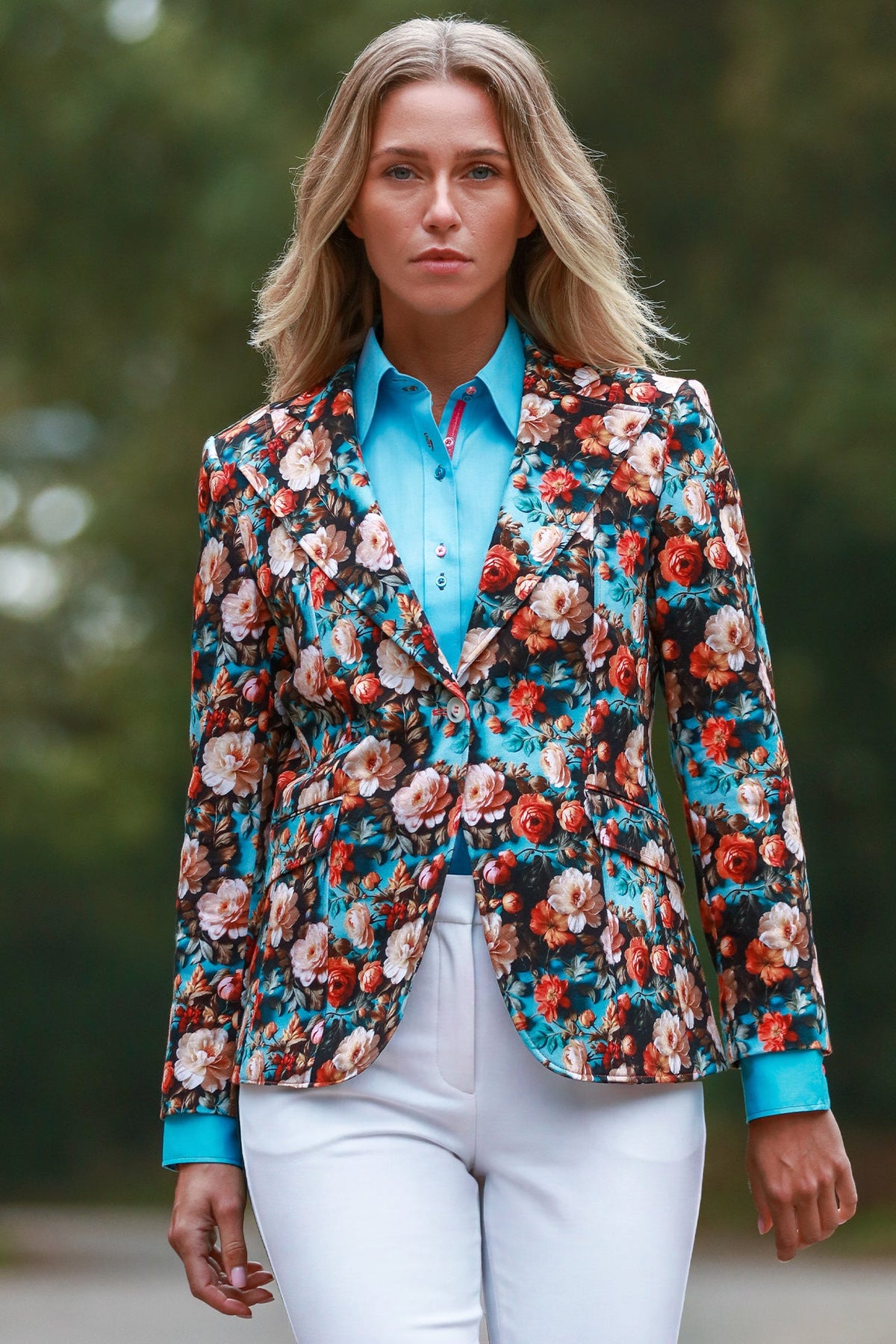 Claudio Lugli Renaissance Rose Print Blazer in aqua, full-length view of the rose-print tailoring