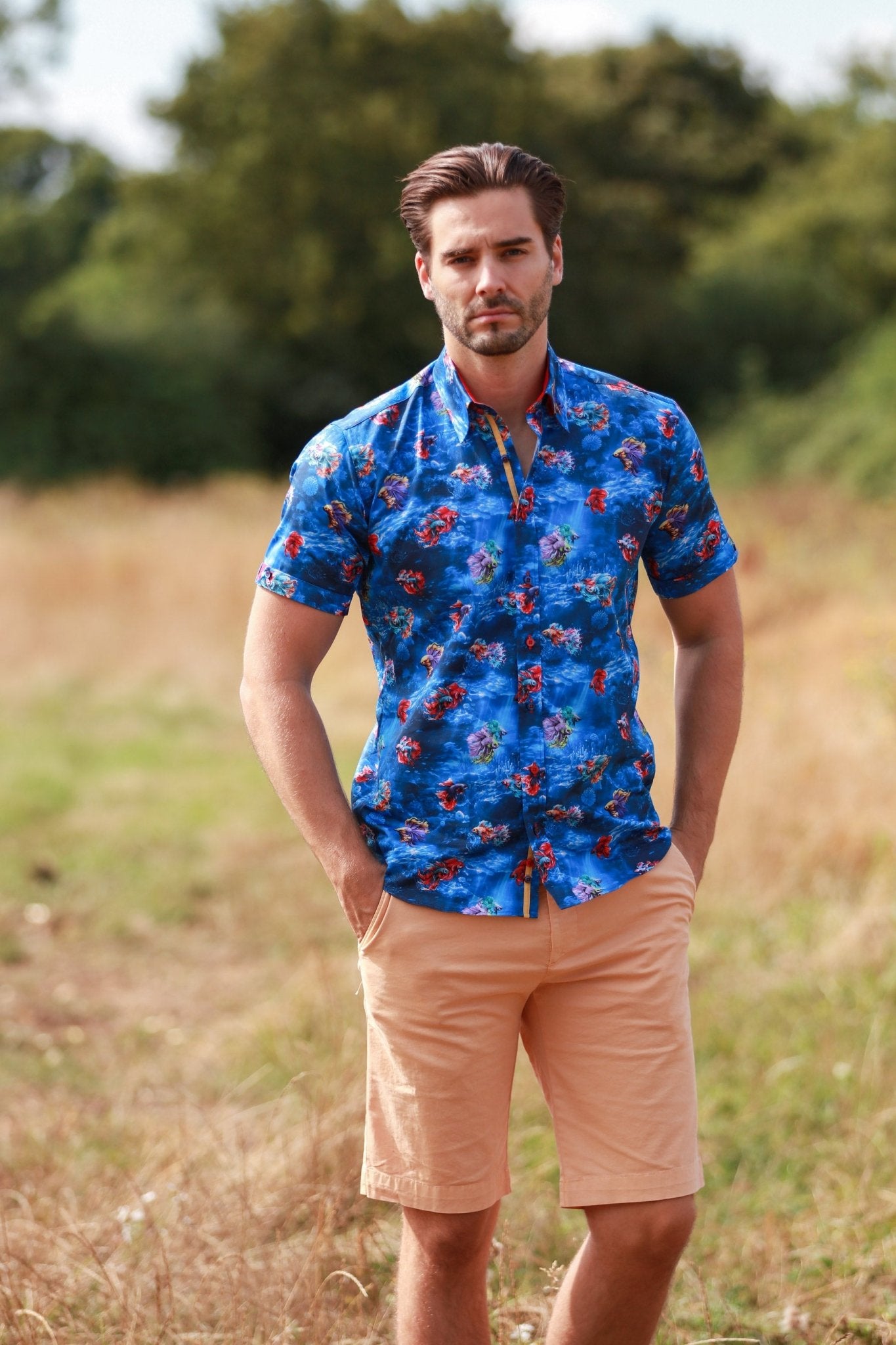 AQUATIC ALLURE. BETTA FISH PRINT SHORT SLEEVE SHIRT – Premium Men's Patterned Shirt by Claudio Lugli | Bold Design, Tailored Fit, Best Printed Shirts