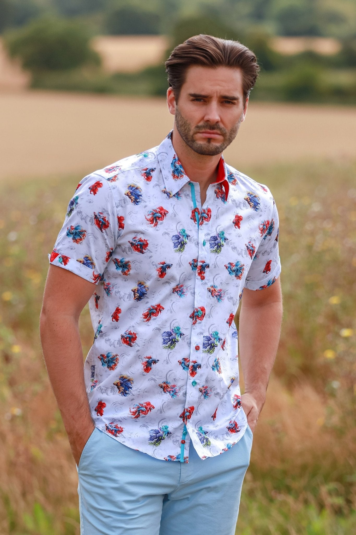 AQUATIC ALLURE. BETTA FISH PRINT SHORT SLEEVE SHIRT – Premium Men's Patterned Shirt by Claudio Lugli | Bold Design, Tailored Fit, Best Printed Shirts