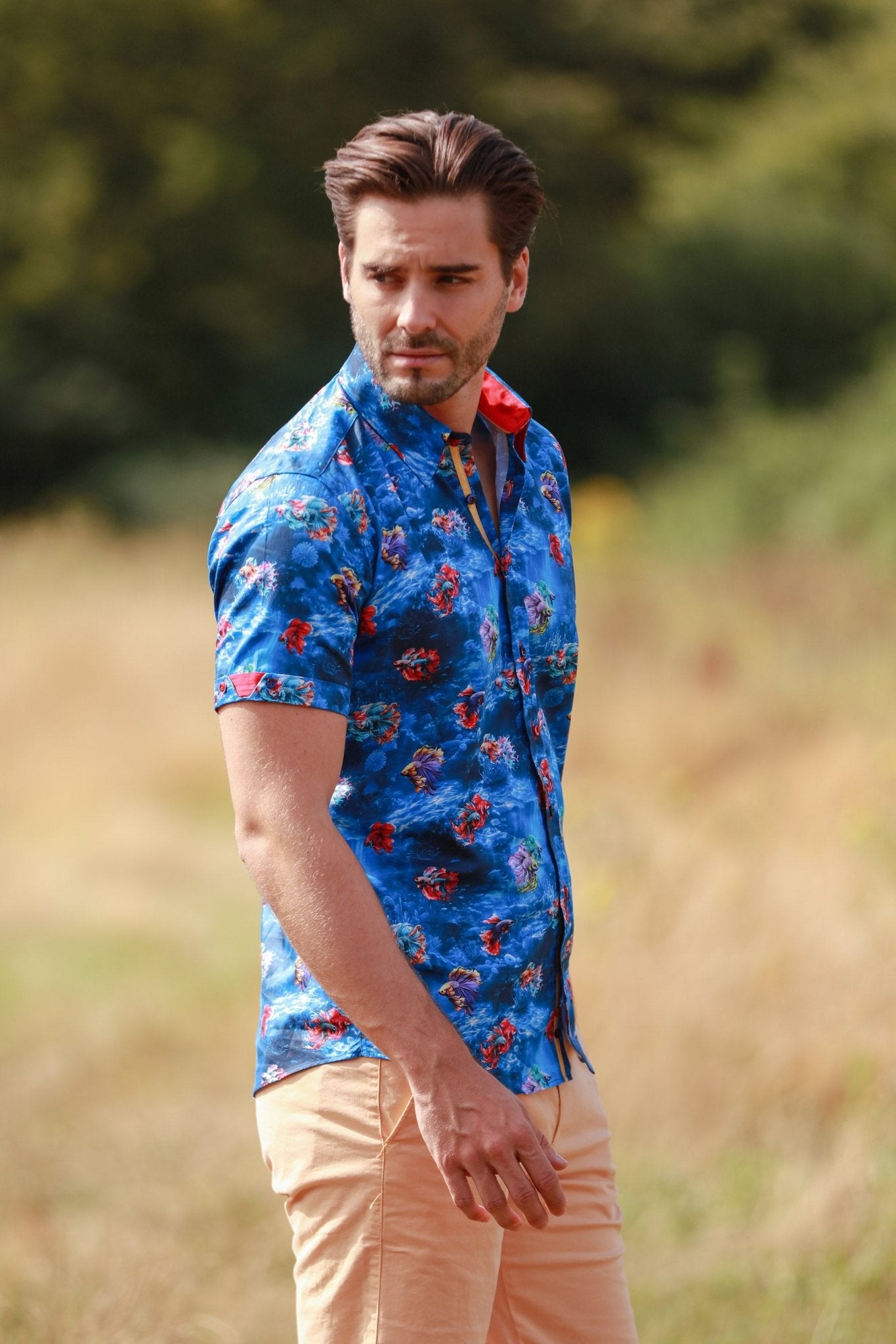 AQUATIC ALLURE. BETTA FISH PRINT SHORT SLEEVE SHIRT – Premium Men's Patterned Shirt by Claudio Lugli | Bold Design, Tailored Fit, Best Printed Shirts