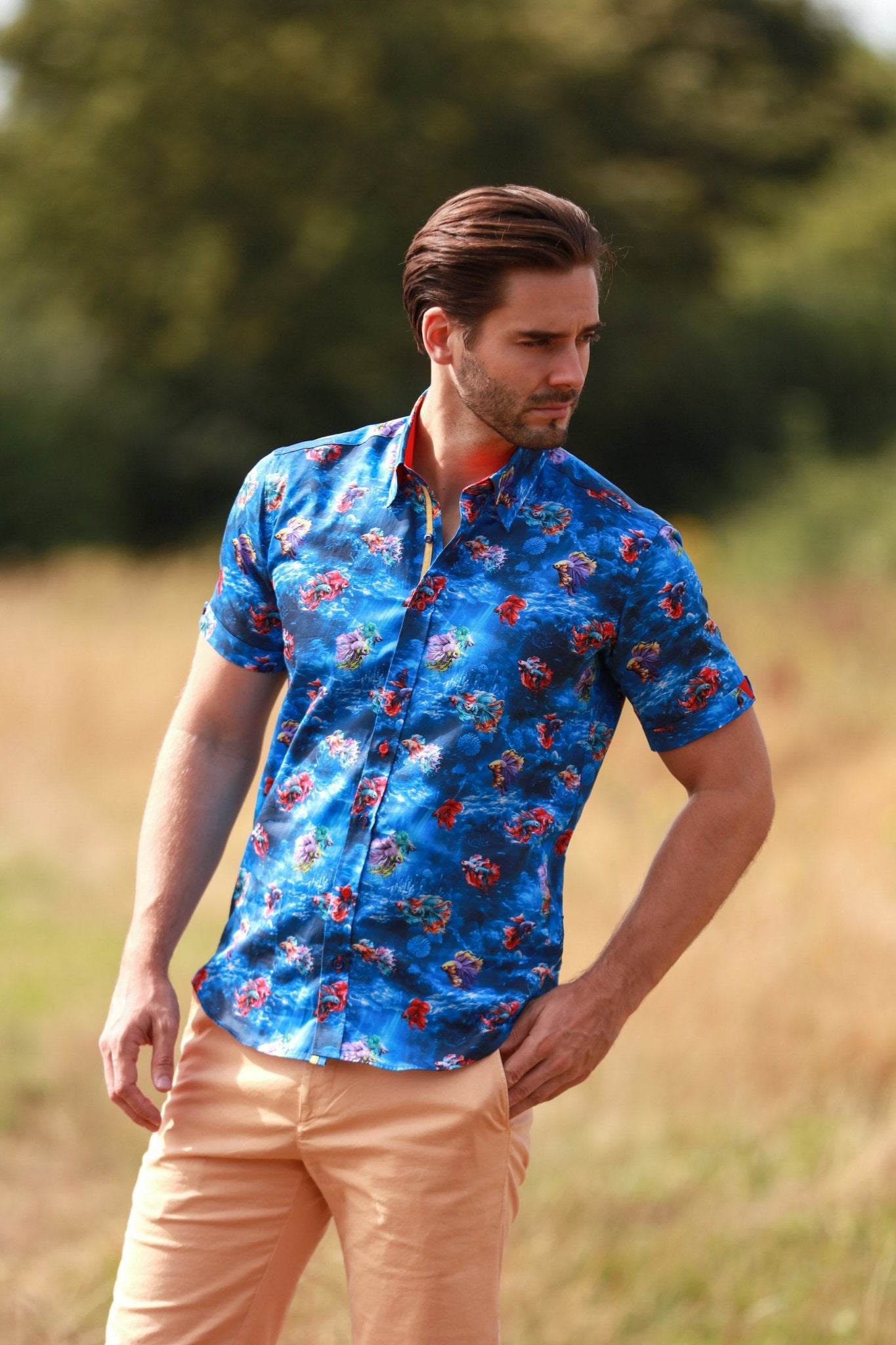 AQUATIC ALLURE. BETTA FISH PRINT SHORT SLEEVE SHIRT – Premium Men's Patterned Shirt by Claudio Lugli | Bold Design, Tailored Fit, Best Printed Shirts