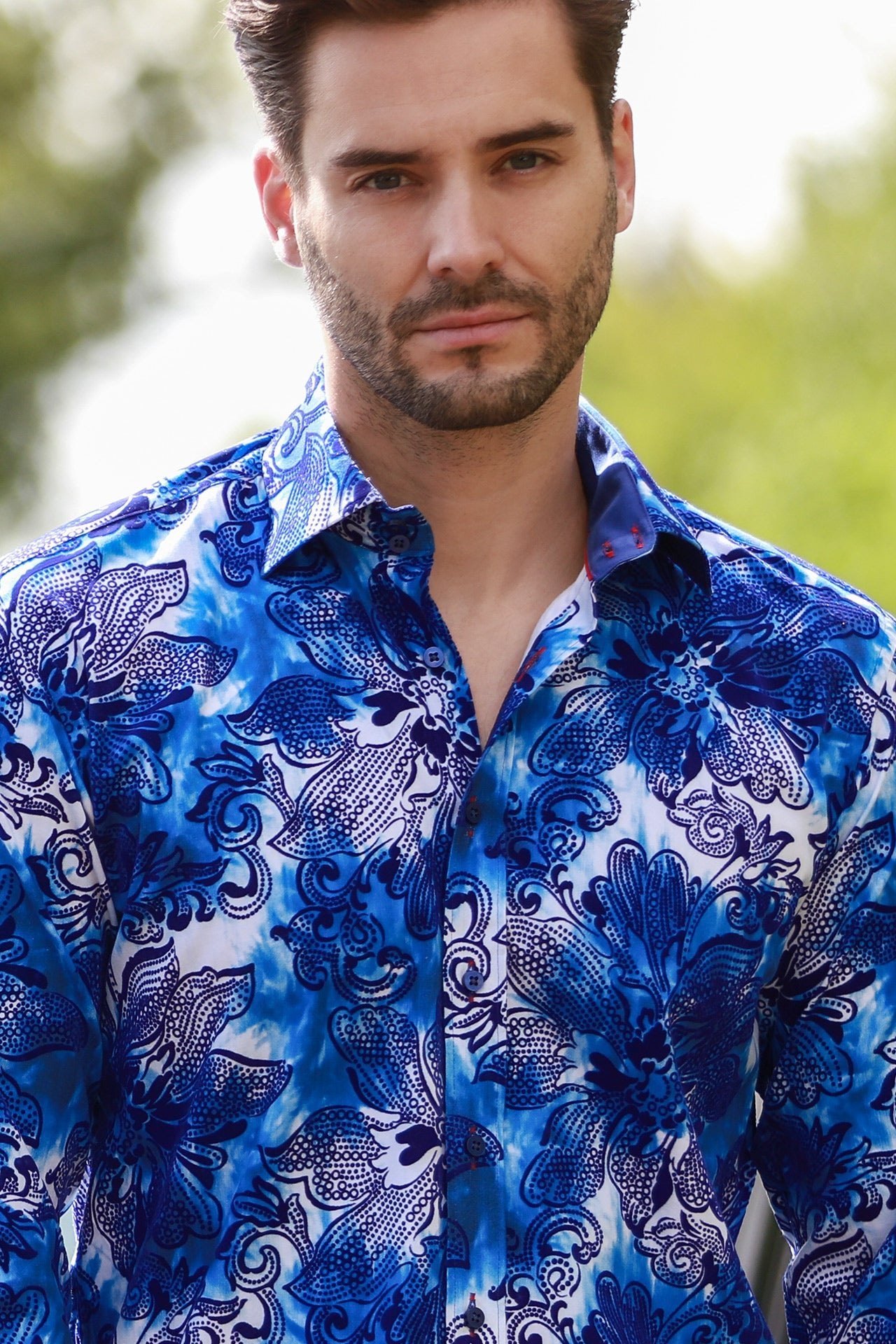 BIG FLORAL FLOCKING SHIRT WITH TIE - DYE SILHOUETTE LUXURY TEXTURED FINISH - Claudio Lugli Shirts