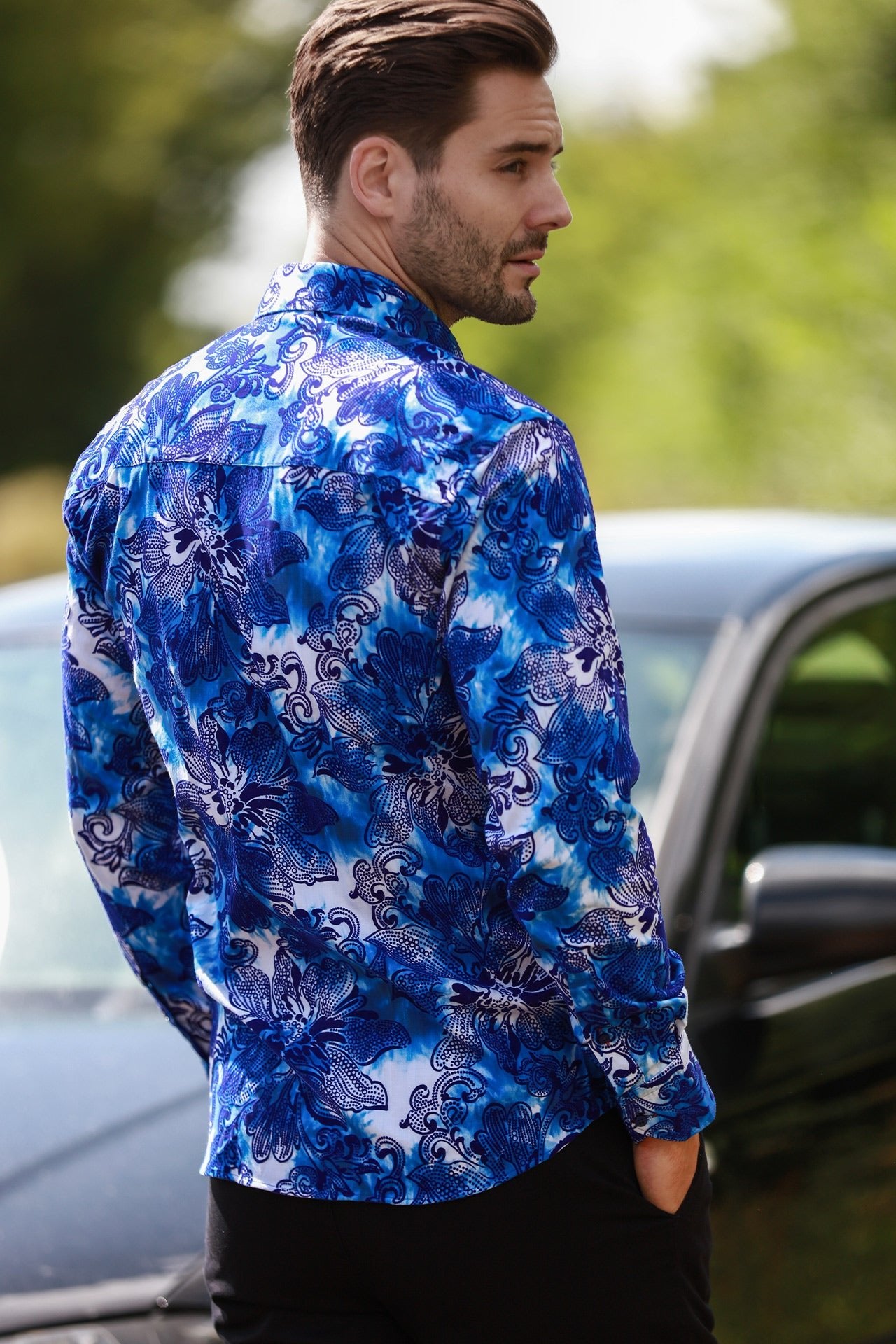 BIG FLORAL FLOCKING SHIRT WITH TIE - DYE SILHOUETTE LUXURY TEXTURED FINISH - Claudio Lugli Shirts