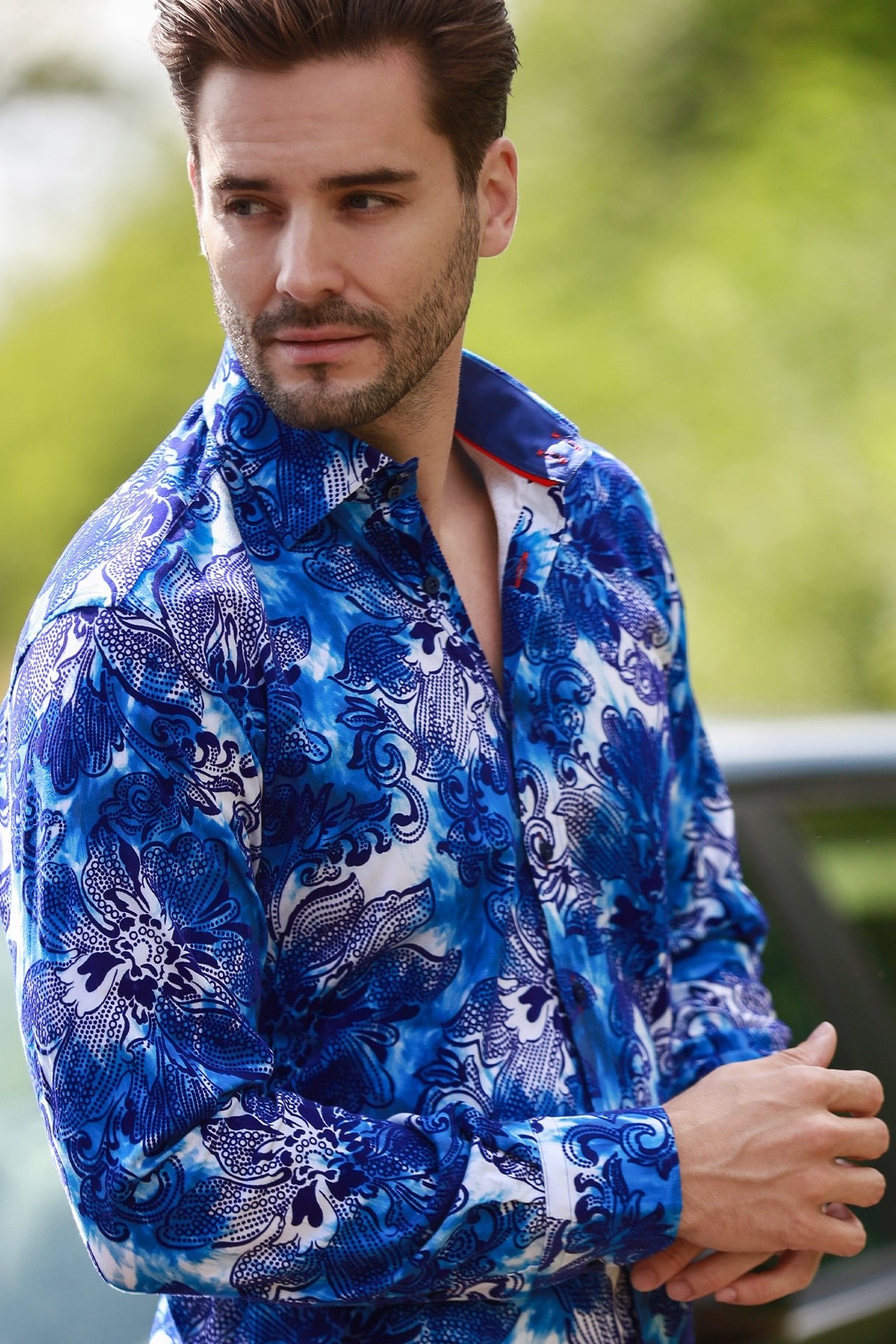 BIG FLORAL FLOCKING SHIRT WITH TIE - DYE SILHOUETTE LUXURY TEXTURED FINISH - Claudio Lugli Shirts