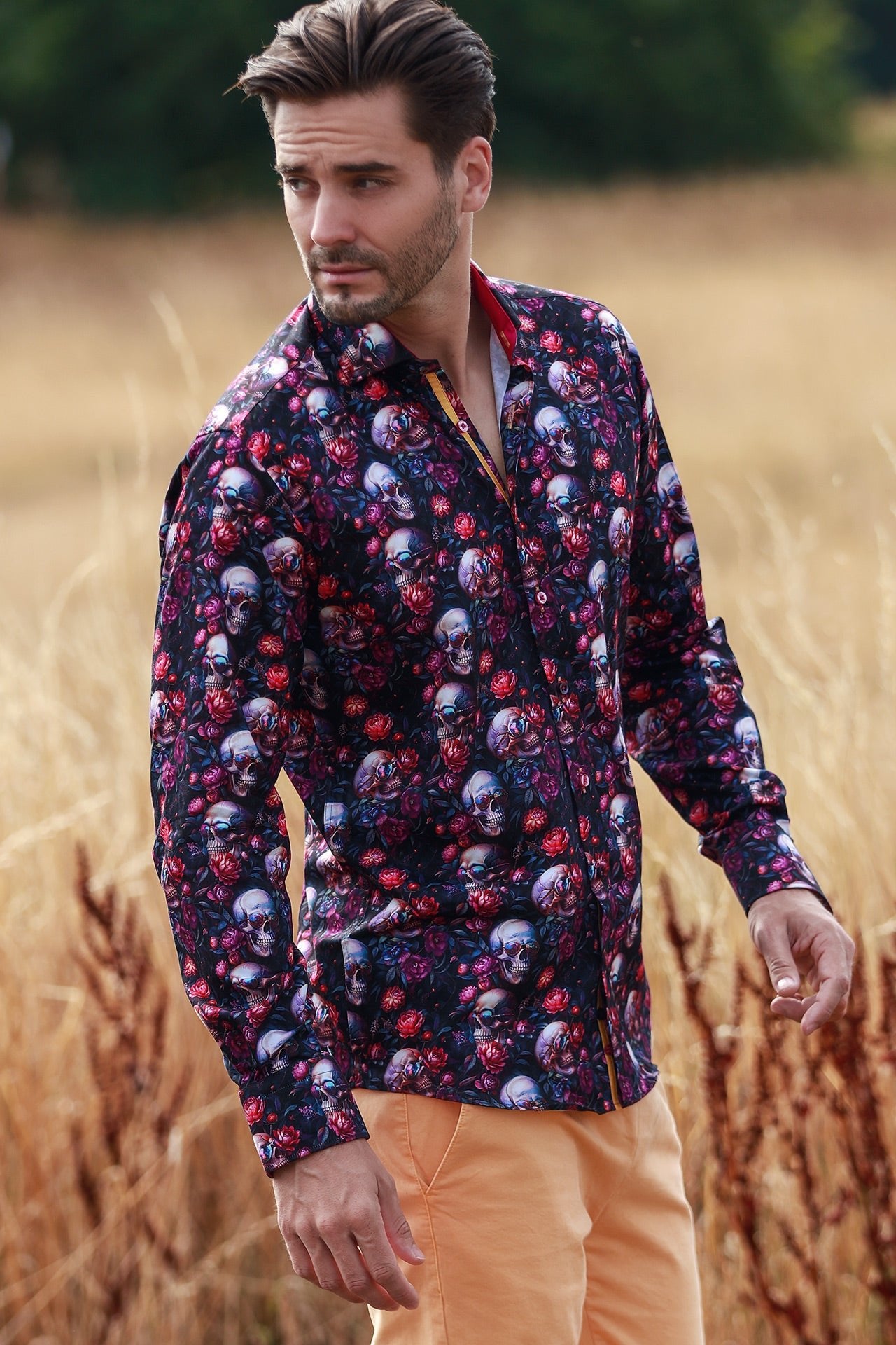 BLACK SKULLS AND FLOWERS ON SOFT STRETCHY COTTON TENCEL - Claudio Lugli Shirts