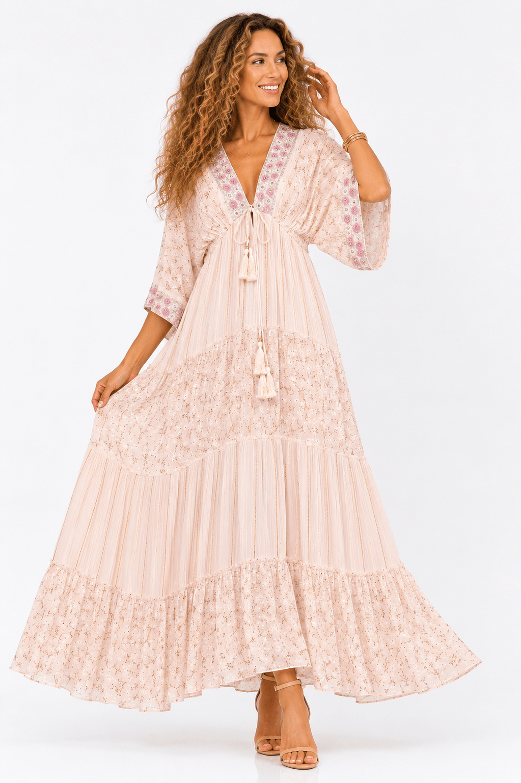 BOHO DITSY FLORAL KIMONO SLEEVE TIERED MAXI DRESS - Claudio Lugli Shirts