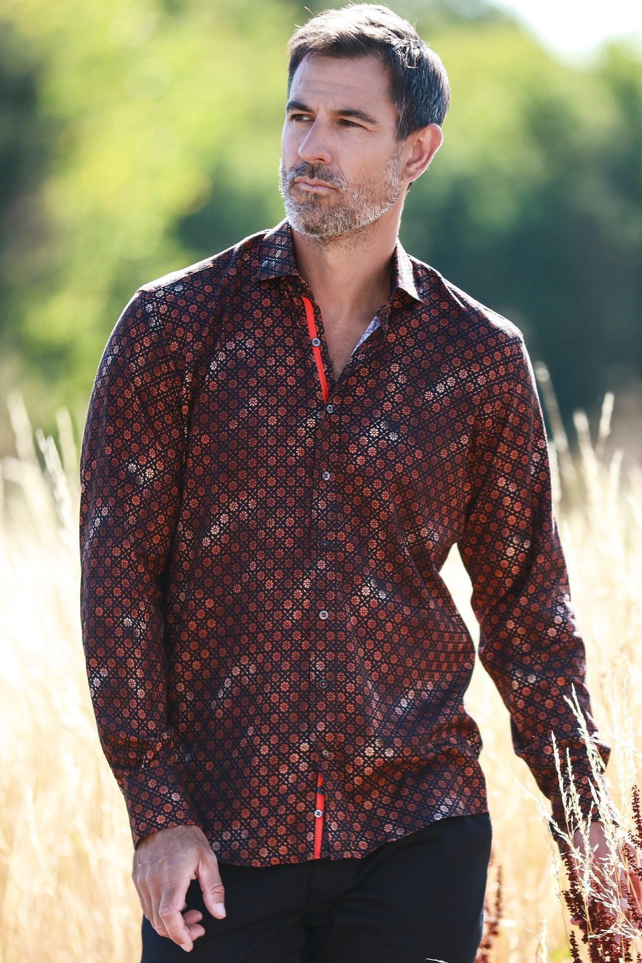 BRONZE FLORAL SHIMMER TENCEL PRINT SHIRT - Claudio Lugli Shirts