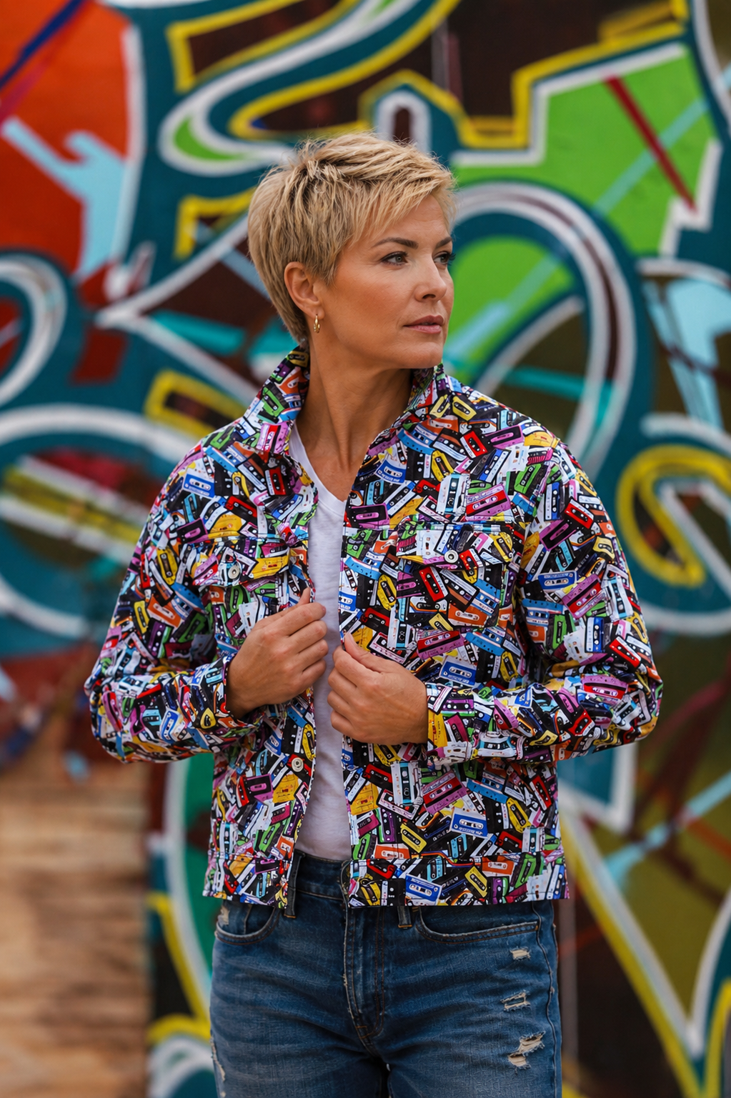 Cassette Tapes Print Denim Cotton Unisex Shacket - Claudio Lugli Shirts