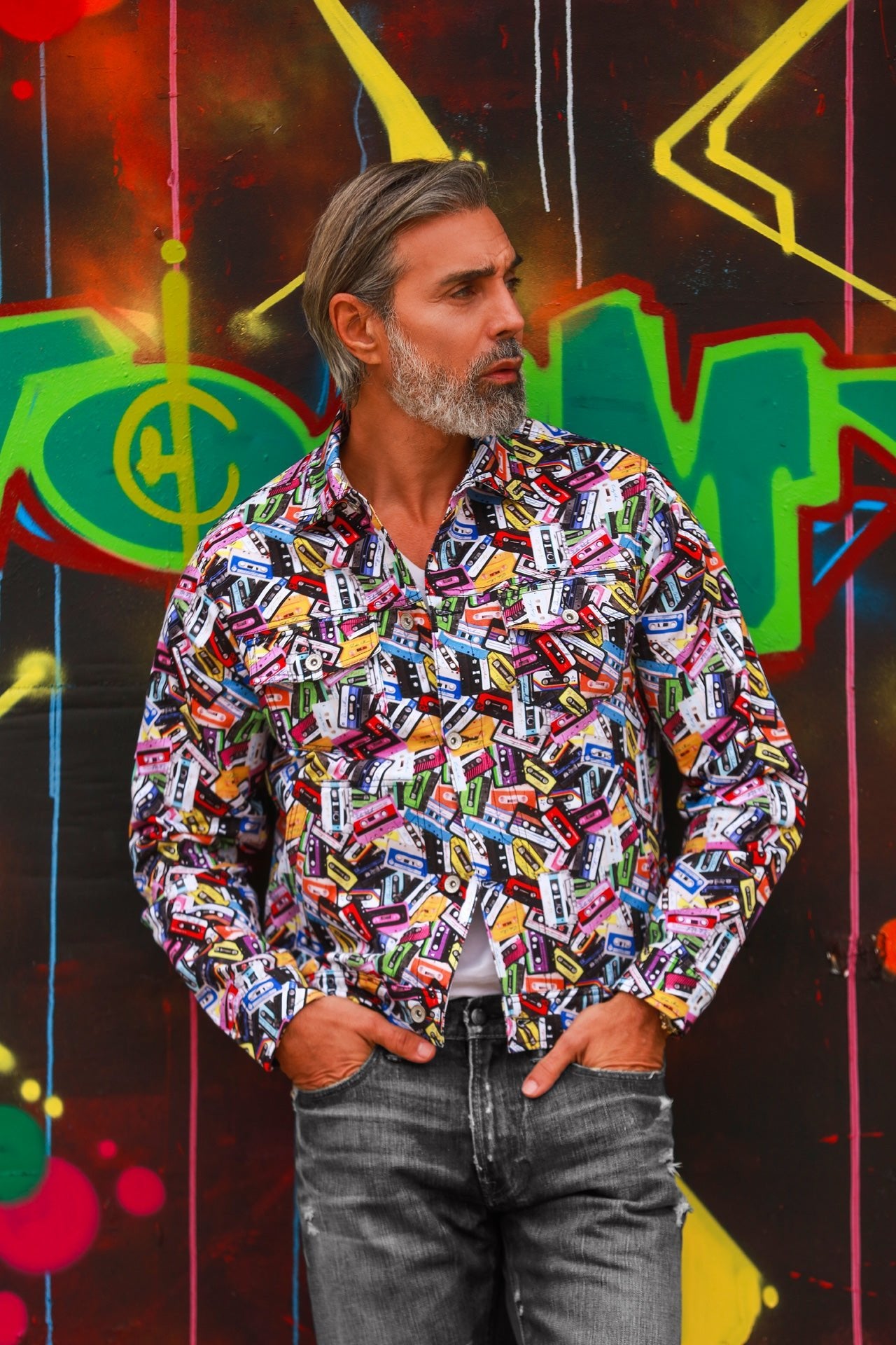 CASSETTE TAPES PRINT SHACKET - Premium Men's Patterned Shirt by Claudio Lugli | Bold Design, Tailored Fit, Best Printed Shirts