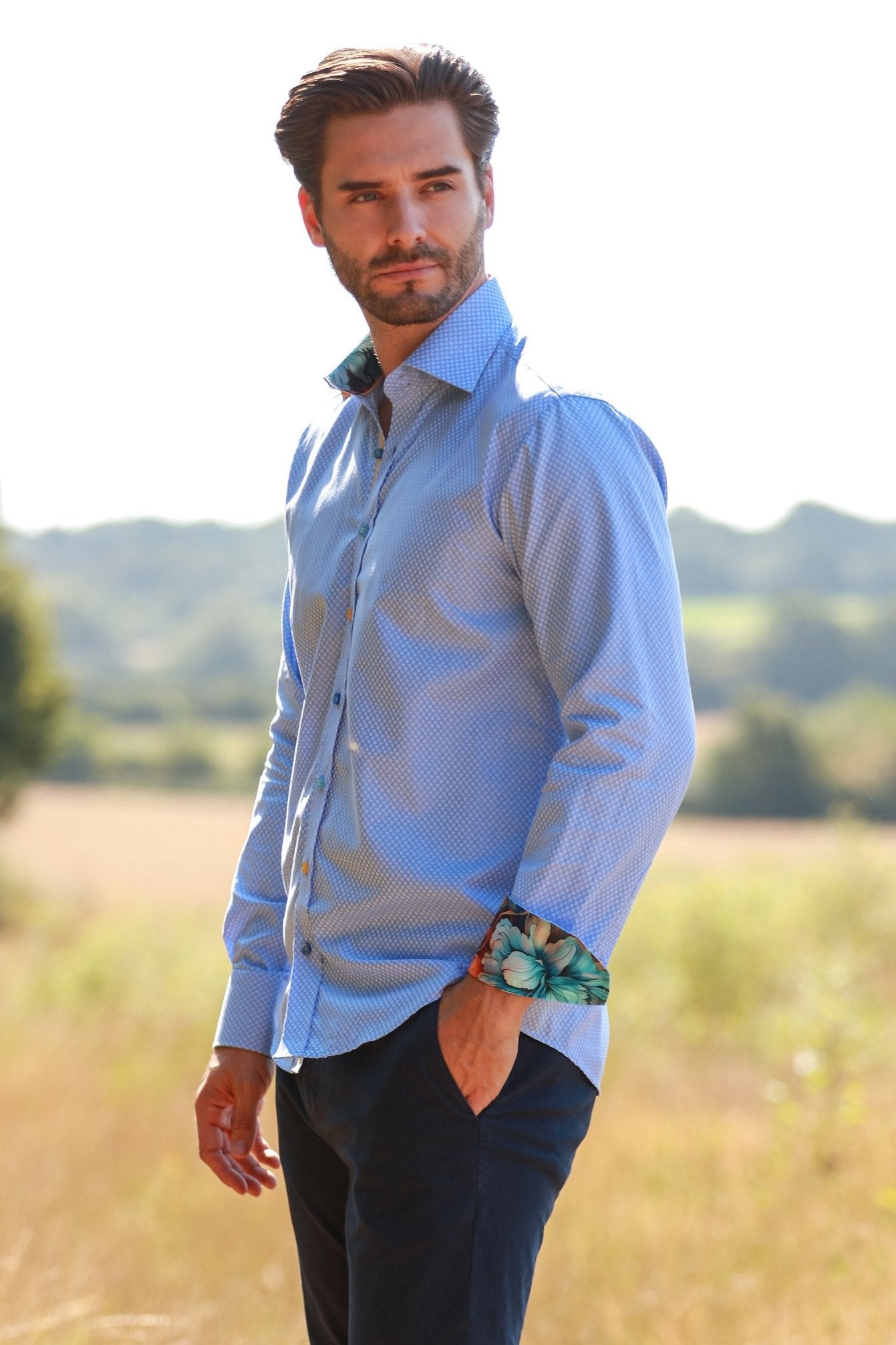 CLASSIC TEXTURED JACQUARD SHIRT WITH ABSTRACT FLORAL INSERT – Premium Men's Patterned Shirt by Claudio Lugli | Bold Design, Tailored Fit, Best Printed Shirts