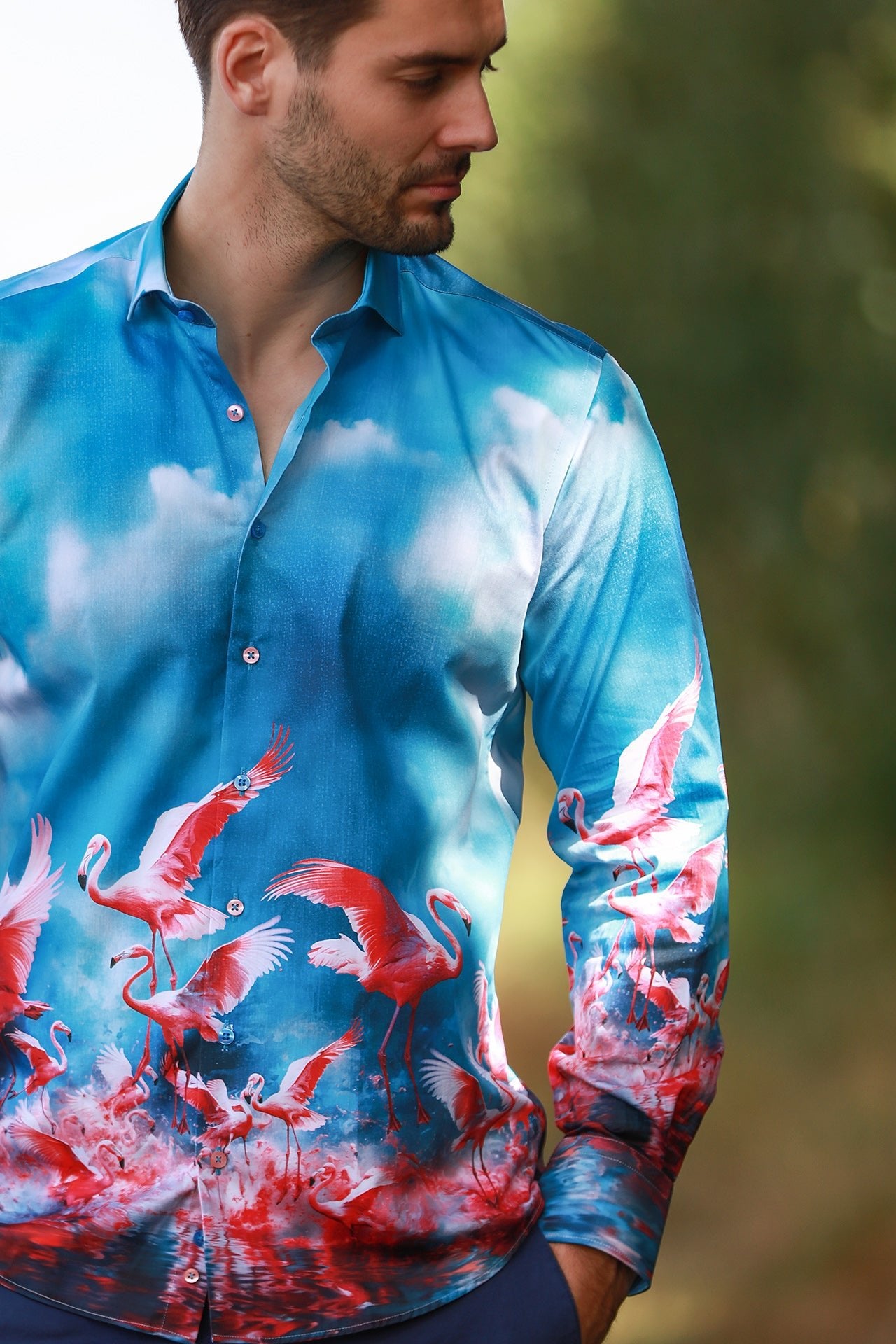 CLAUDIO LUGLI SKY FLAMINGO PLACEMENT PRINT SHIRT – Premium Men's Patterned Shirt by Claudio Lugli | Bold Design, Tailored Fit, Best Printed Shirts